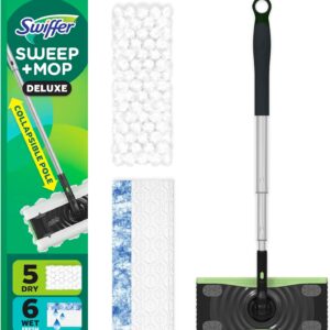 swiffer sweep & mop deluxe 2 in 1 floor mopping and sweeping kit, multi surface kit for floor cleaning, kit includes 1 sweeper device, 5 heavy duty dry sweeping cloths, 6 heavy duty wet mopping cloths
