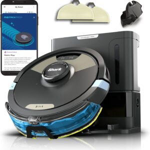 shark robot vacuum & mop combo, powerful suction, matrix plus, 60 day debris capacity, hepa bagless self empty base, sonic mopping, home mapping for pet hair carpets & hardfloor, av2610wa
