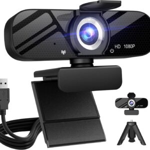 full hd webcam with built in microphone and rotatable tripod, 1080p video and wide angle camera, privacy cover, for desktop pc or laptop computer
