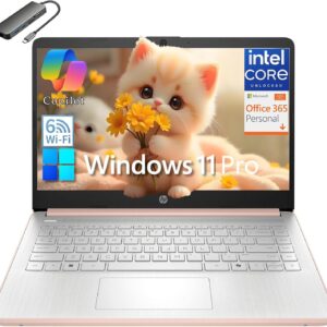 hp 14" student business laptop computer, intel n150 cpu (beat i3 1115g4), 16gb ddr4 ram, 384gb storage (128gb ufs + 256gb msd), wifi 6, bt 5.4, 1 year office365, win11 pro s, pale rose gold, usb c hub