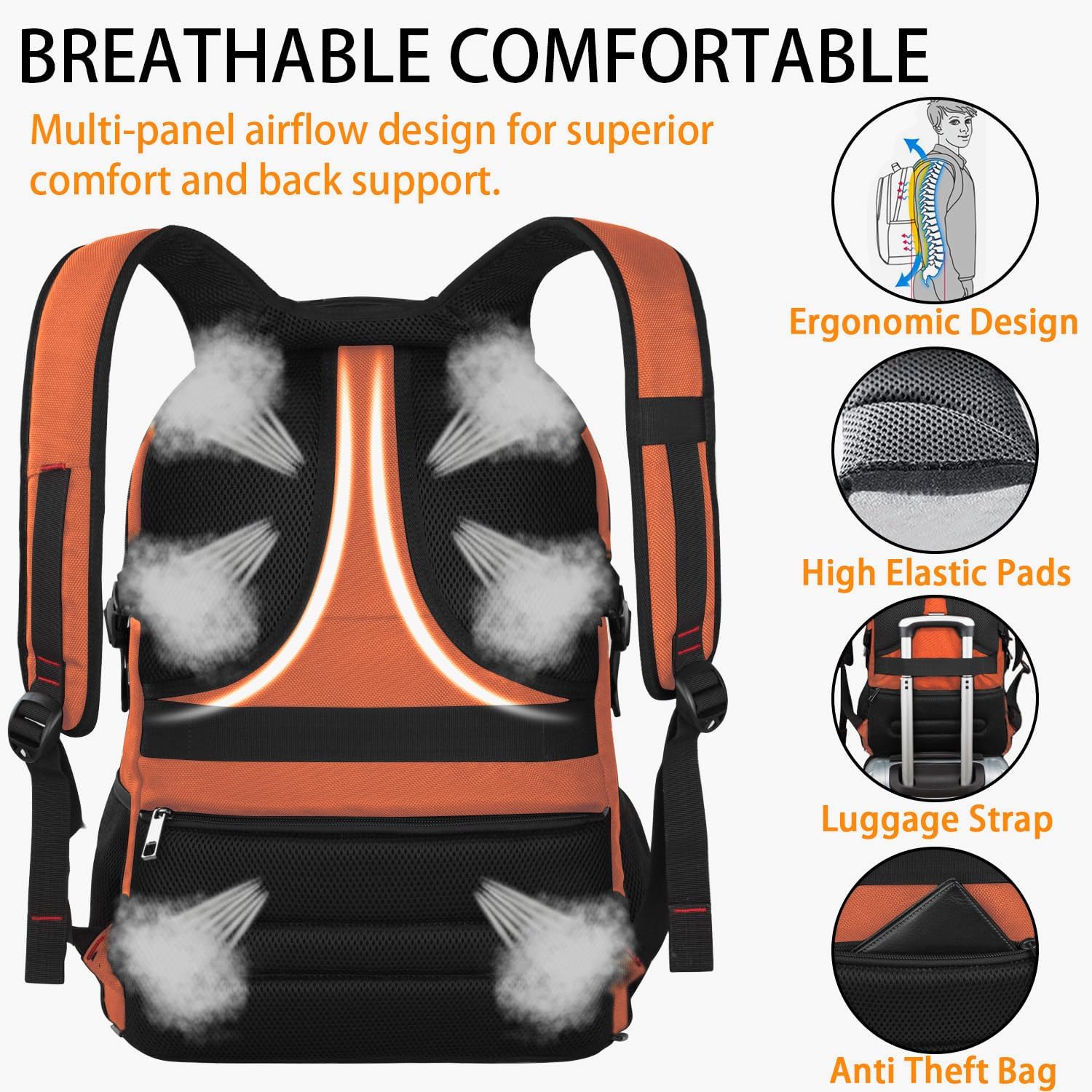 extra large 50l travel laptop backpack, computer bag backbag with usb charging port, tsa friendly durable big rfid heavy duty business tech backpack fits 17 inch laptops for men women, orange