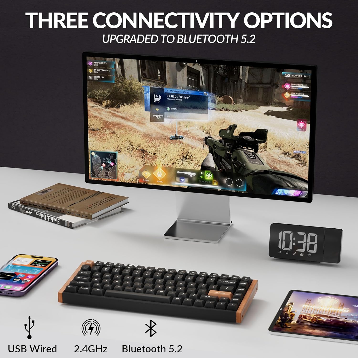 keychron k2 he rapid trigger wireless custom mechanical keyboard with hall effect gateron double rail magnetic switch, qmk 2.4 ghz bluetooth 5.2 rgb compatible with mac windows linux (aluminum + wood)