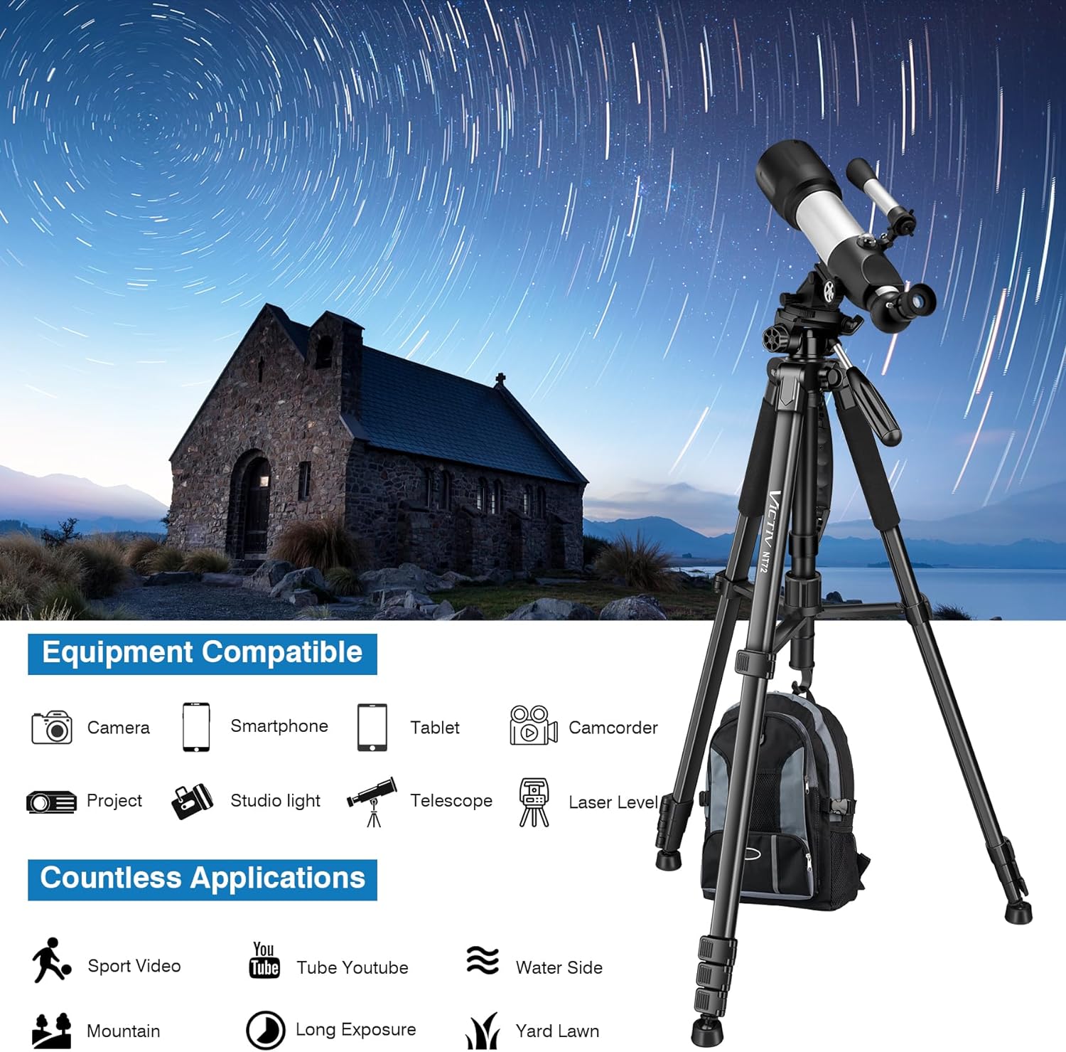 tripod for camera, 72" tall camera tripod monopod with remote, professional heavy duty compact camera stand for phone,dslr, spotting scope, telescope, binocular