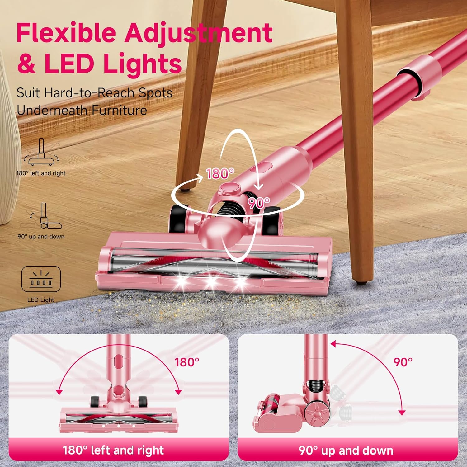 cordless vacuum cleaner,55mins/powerful vacuum cleaners for home,stick vacuums with 8 in 1,touch screen,led headlights, anti tangle,rechargeable,lightweight for carpet,hard floor, pet hair,pink