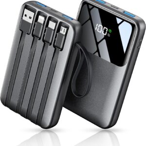 power bank, 15000mah portable charger with built in cable, 22.5w fast charging, 6 outputs, slim travel essential battery pack with led display, compatible with iphone 16/15/14/13, samsung, ipad, etc