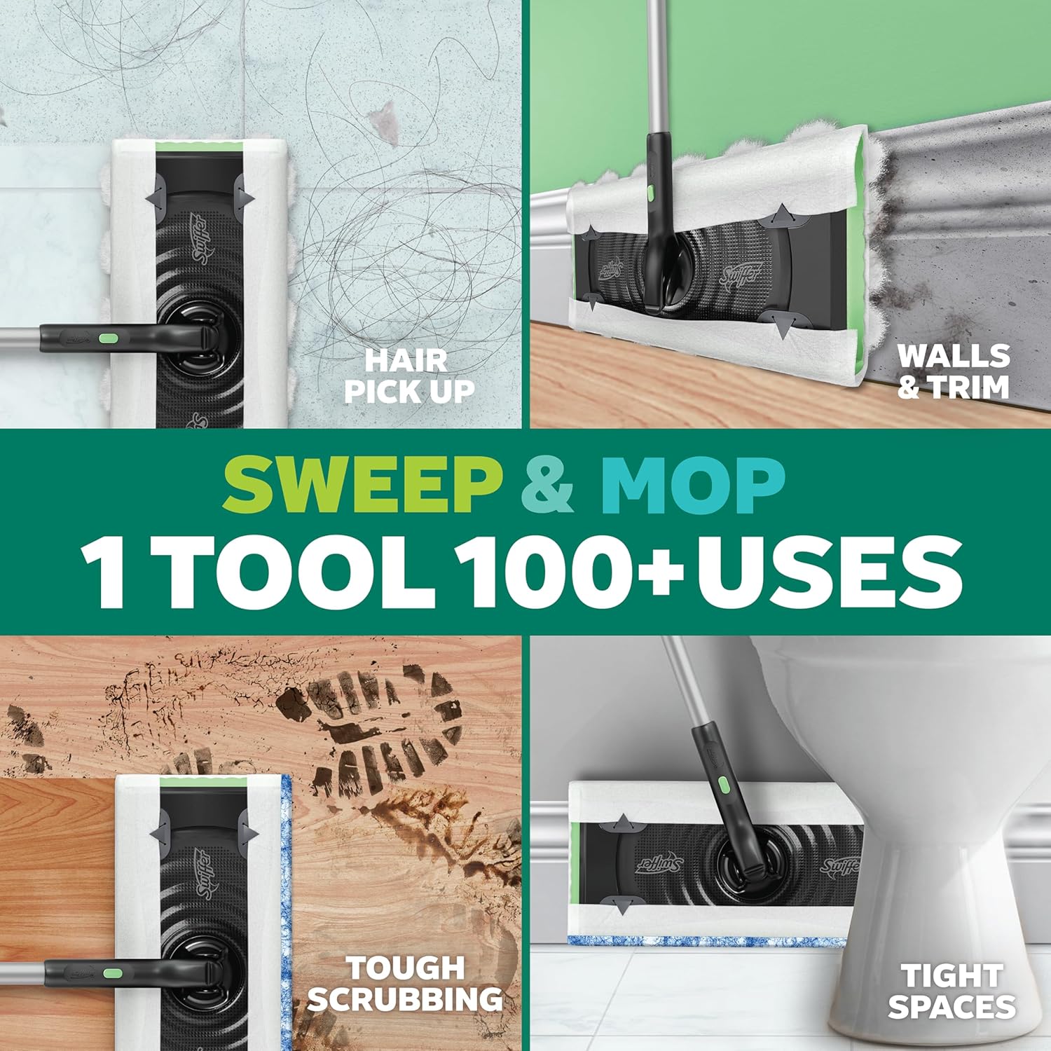 swiffer sweep & mop deluxe 2 in 1 floor mopping and sweeping kit, multi surface kit for floor cleaning, kit includes 1 sweeper device, 5 heavy duty dry sweeping cloths, 6 heavy duty wet mopping cloths