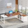 tribesigns 70.8" l shaped executive desk with 55" file cabinet, large home office computer desk with storage shelves and cabinet, modern business furniture set home office, walnut white