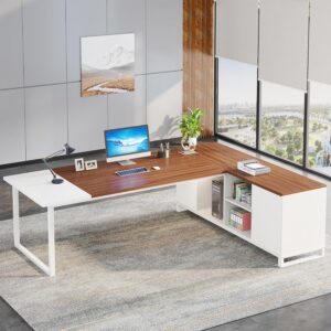 tribesigns 70.8" l shaped executive desk with 55" file cabinet, large home office computer desk with storage shelves and cabinet, modern business furniture set home office, walnut white