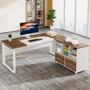 tribesigns l shaped executive desk with reversible file cabinet, 63" office desk with storage drawers, computer desk set (oak karo & white)