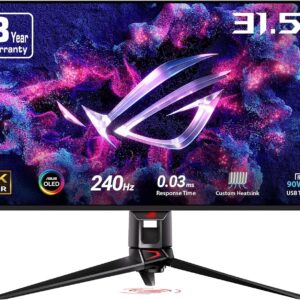 asus rog swift 32” 4k oled gaming monitor (pg32ucdm) uhd (3840 x 2160), qd oled, 240hz, 0.03ms, g sync compatible, custom heatsink, graphene film, 99% dci p3, true 10 bit, 90w usb c