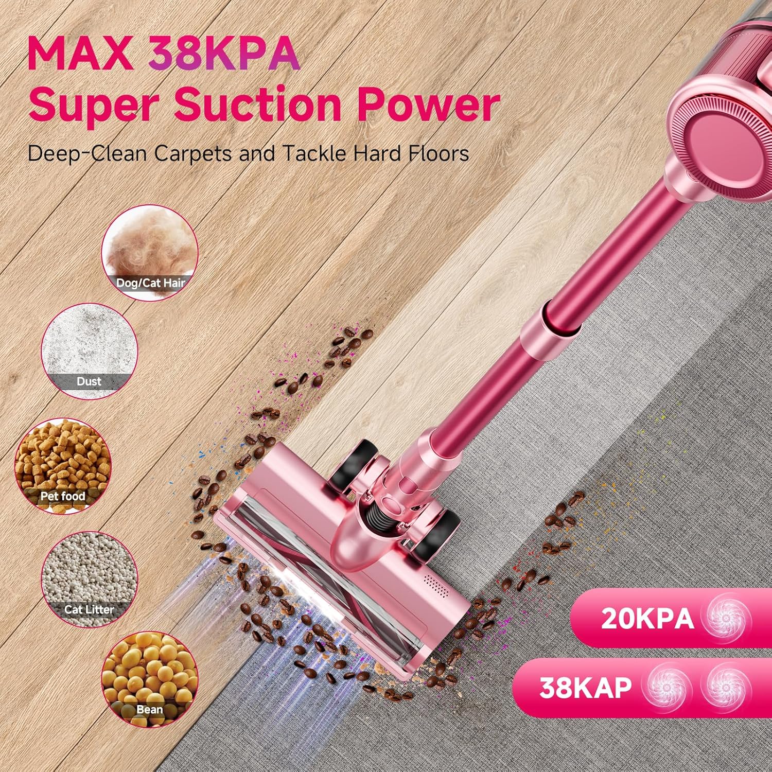 cordless vacuum cleaner,55mins/powerful vacuum cleaners for home,stick vacuums with 8 in 1,touch screen,led headlights, anti tangle,rechargeable,lightweight for carpet,hard floor, pet hair,pink