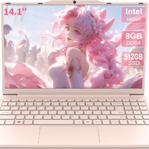14'' Student Laptop Computer,1080P FHD Display,8GB RAM,512GB SSD,N5095 CPU College Student Pink Laptop,Numeric Keypad,256GB TF Card,Webcam, 5GWiFi, HDMI,Pink
