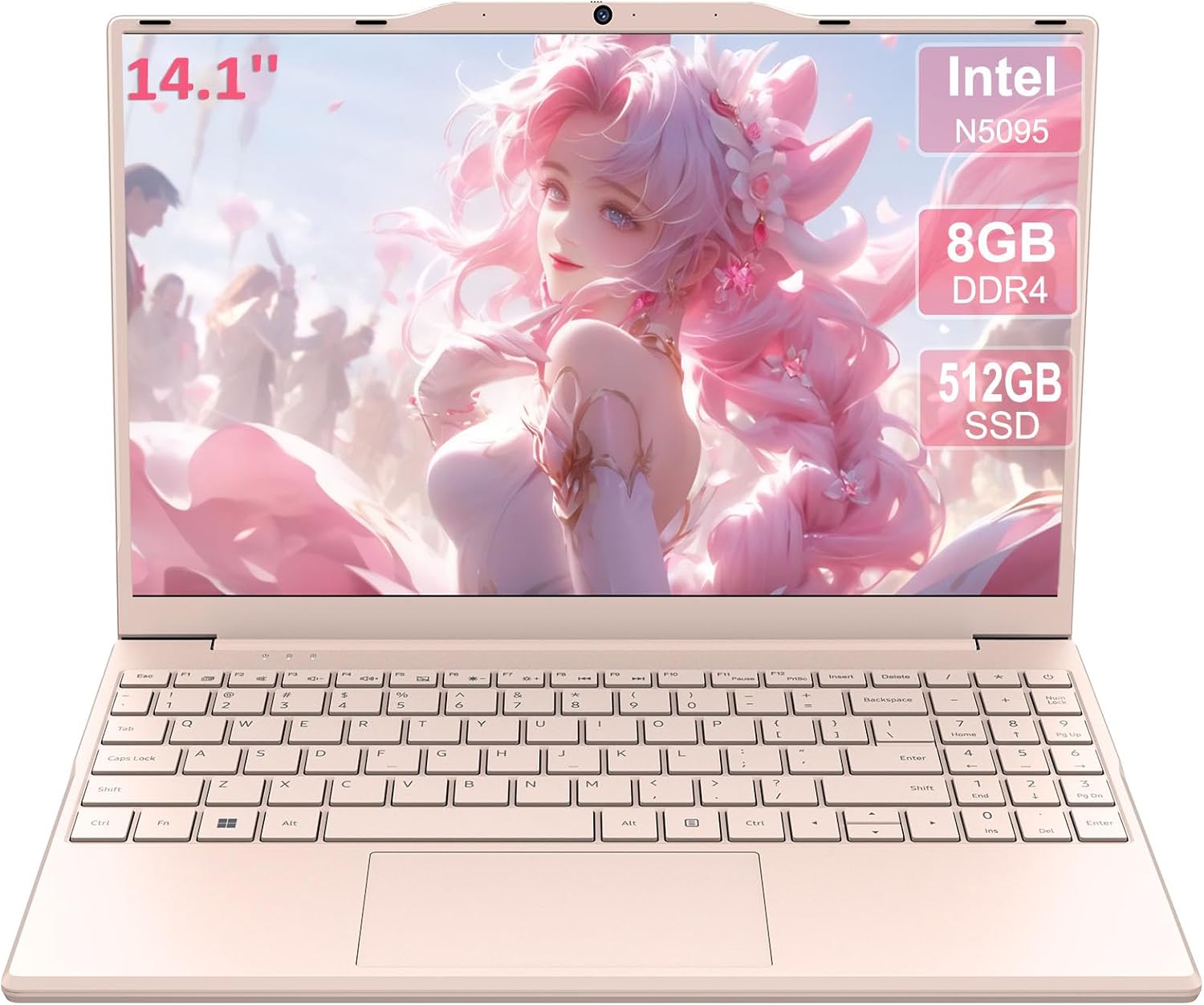 14'' Student Laptop Computer,1080P FHD Display,8GB RAM,512GB SSD,N5095 CPU College Student Pink Laptop,Numeric Keypad,256GB TF Card,Webcam, 5GWiFi, HDMI,Pink