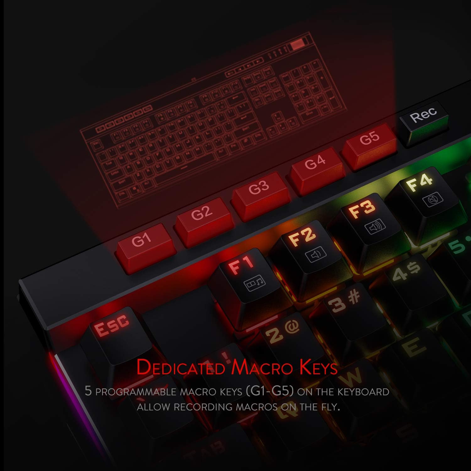 redragon k580 vata rgb led backlit mechanical gaming keyboard with macro keys & dedicated media controls, hot swappable socket, onboard macro recording (blue switches)