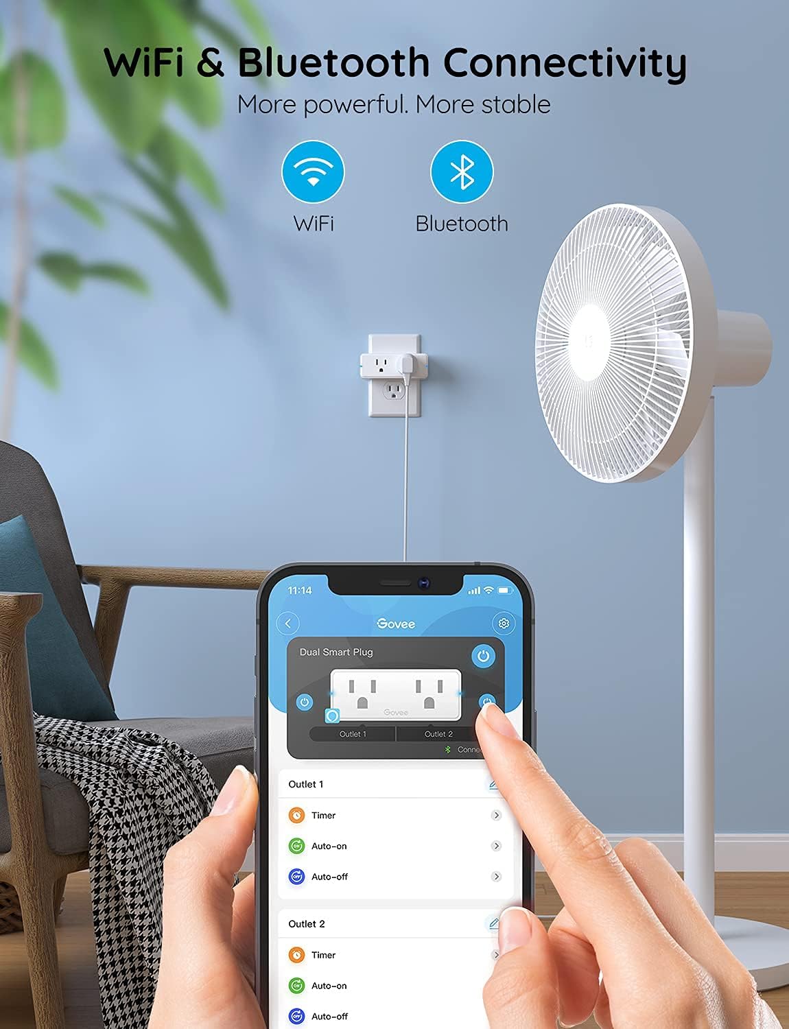 govee dual smart plug 2 pack, 15a wifi bluetooth outlet, work with alexa and google assistant, 2 in 1 compact design bundle with govee smart plug, wifi plugs work with alexa & google assistant