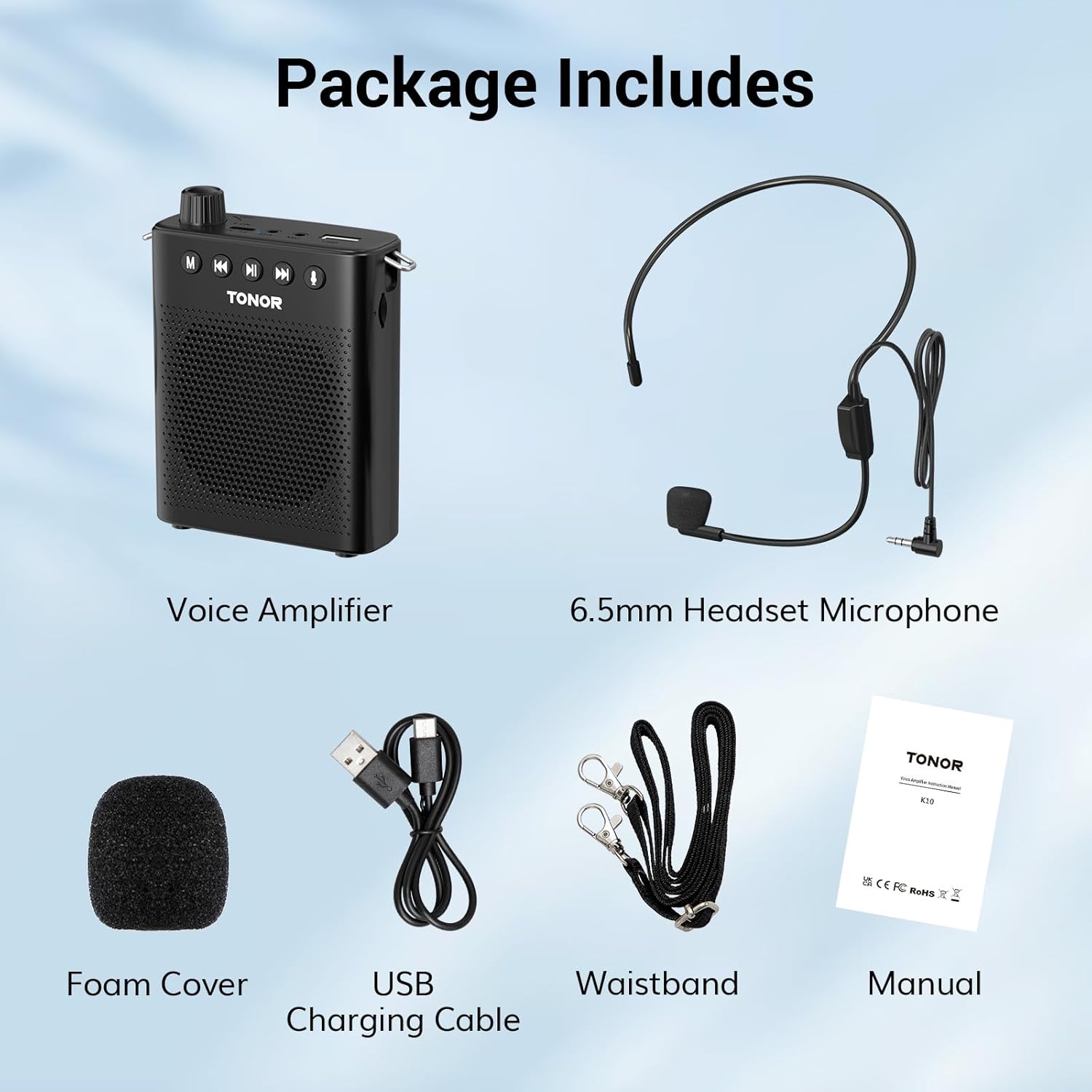 tonor portable voice amplifier for teachers, rechargeable mini pa system with wired headset microphone and waistband, megaphone speaker for classroom, training, yoga, speech, meeting, tour guides k10