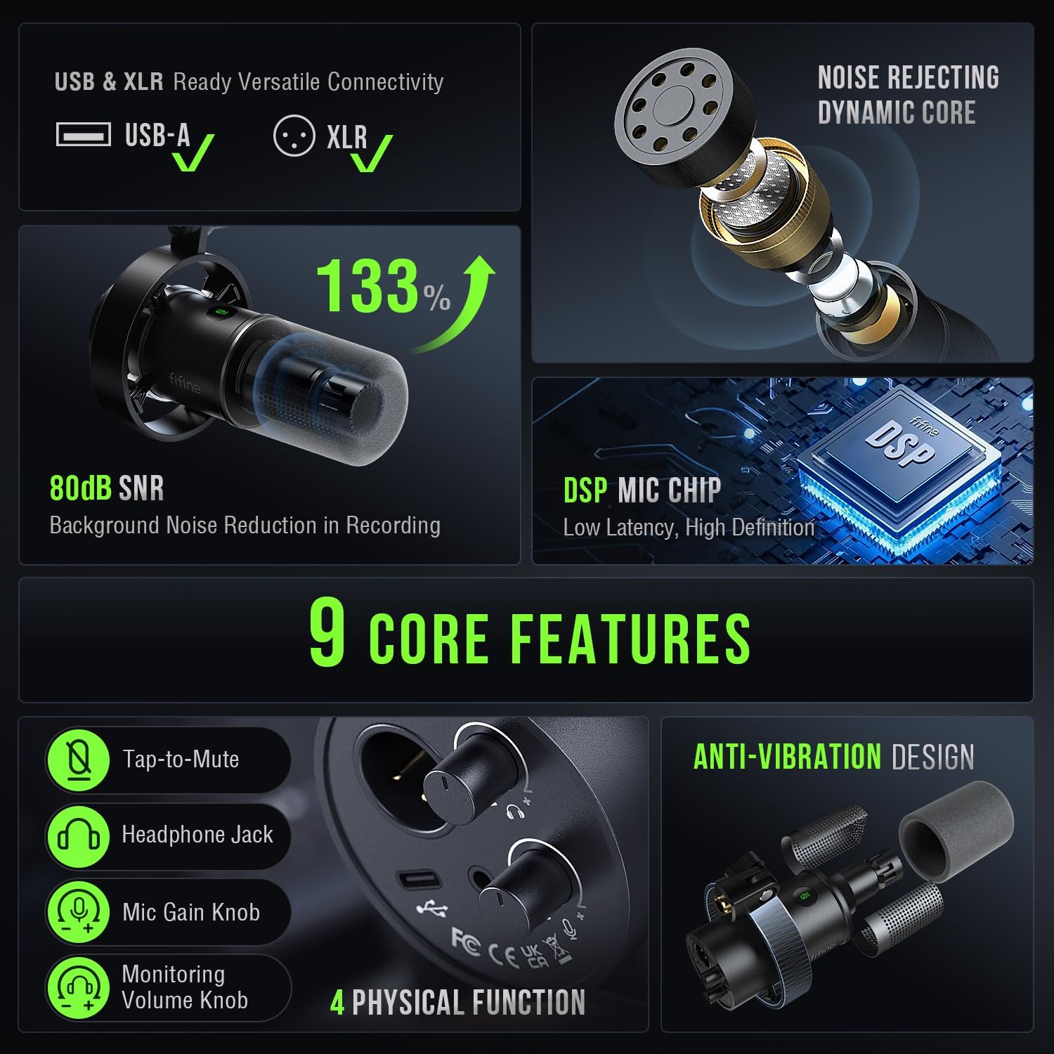 fifine dynamic microphone, xlr/usb podcast recording pc microphone for vocal voice over streaming, studio metal mic with mute, headphone jack, monitoring volume control, windscreen amplitank k688