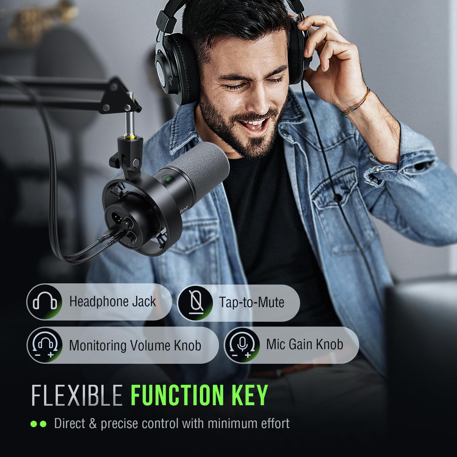 fifine dynamic microphone, xlr/usb podcast recording pc microphone for vocal voice over streaming, studio metal mic with mute, headphone jack, monitoring volume control, windscreen amplitank k688