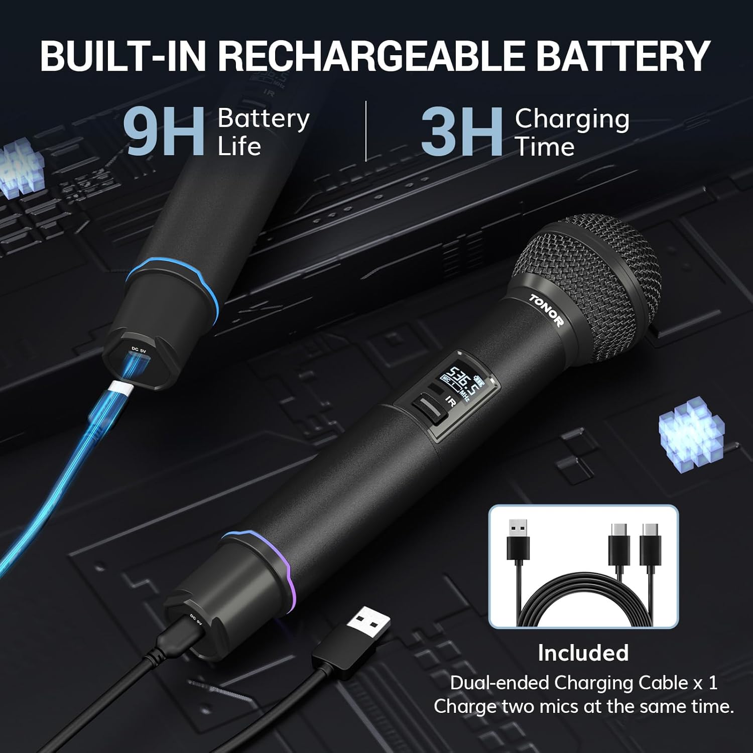 tonor wireless microphone system, auto scan & pair professional rechargeable wireless mic, 2x100 uhf metal cordless dynamic mic set for karaoke, church, singing, wedding, meeting, dj, 328ft tw750