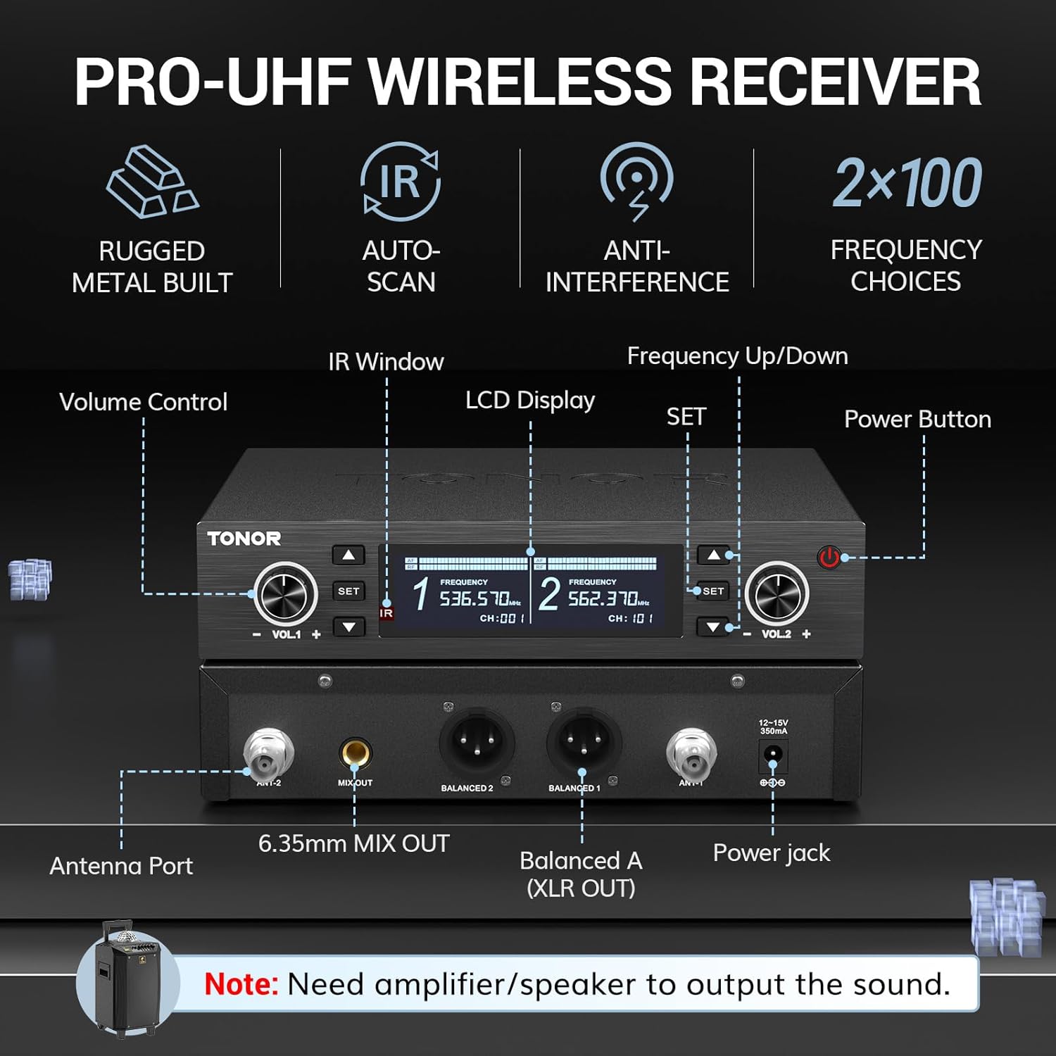 tonor wireless microphone system, auto scan & pair professional rechargeable wireless mic, 2x100 uhf metal cordless dynamic mic set for karaoke, church, singing, wedding, meeting, dj, 328ft tw750