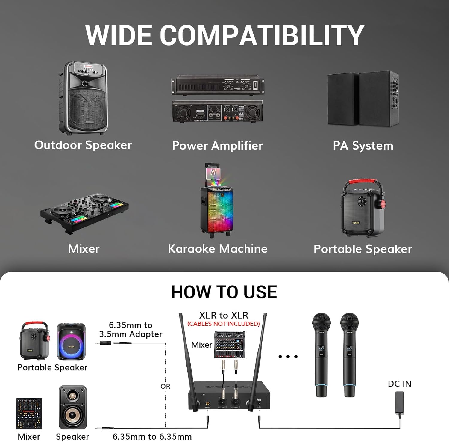 tonor wireless microphone system, auto scan & pair professional rechargeable wireless mic, 2x100 uhf metal cordless dynamic mic set for karaoke, church, singing, wedding, meeting, dj, 328ft tw750