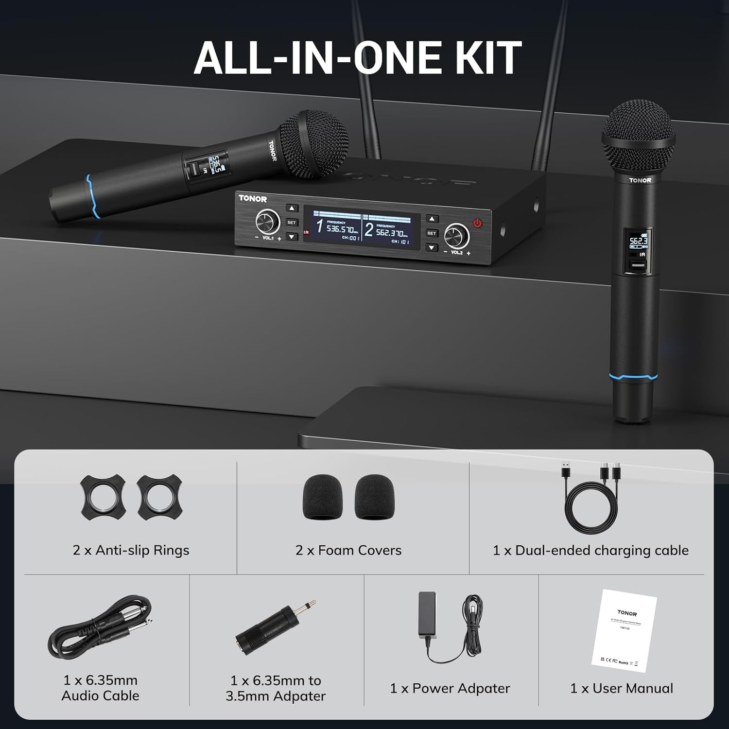 tonor wireless microphone system, auto scan & pair professional rechargeable wireless mic, 2x100 uhf metal cordless dynamic mic set for karaoke, church, singing, wedding, meeting, dj, 328ft tw750