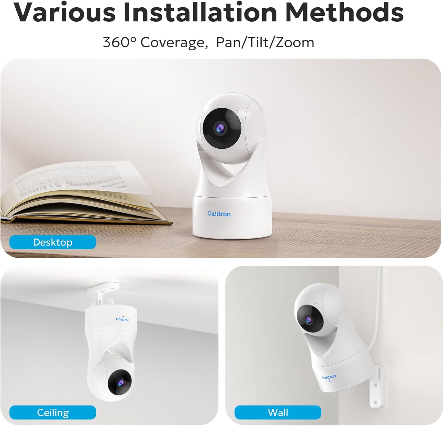 owltron indoor security camera 2k, 360° cameras for home security with motion detection, 2.4g wifi for baby/pet/nanny/camara with night vision, siren alarm & 2 way audio, compatible with alexa