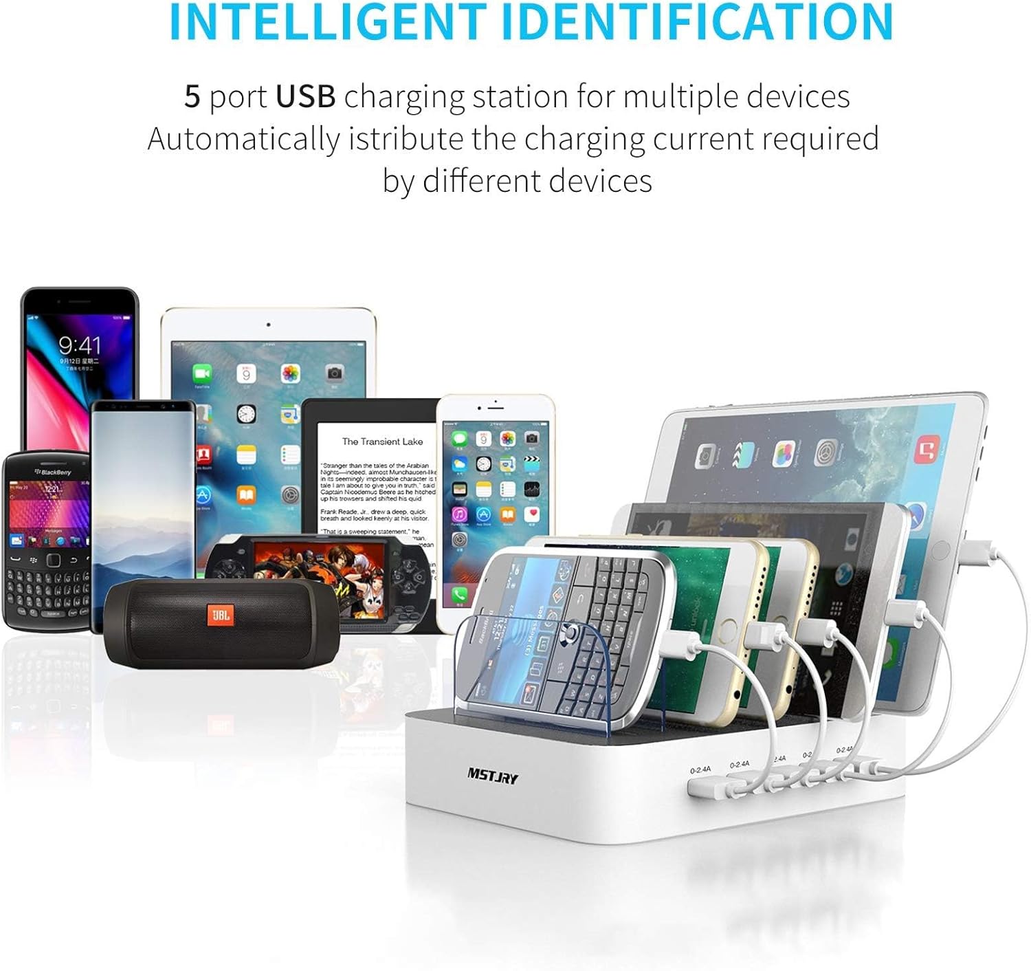 mstjry charging station for multiple devices : 5 port multi usb a charger stations multi device organizer charging dock designed for iphone ipad cell phone tablets (7 short cables included)