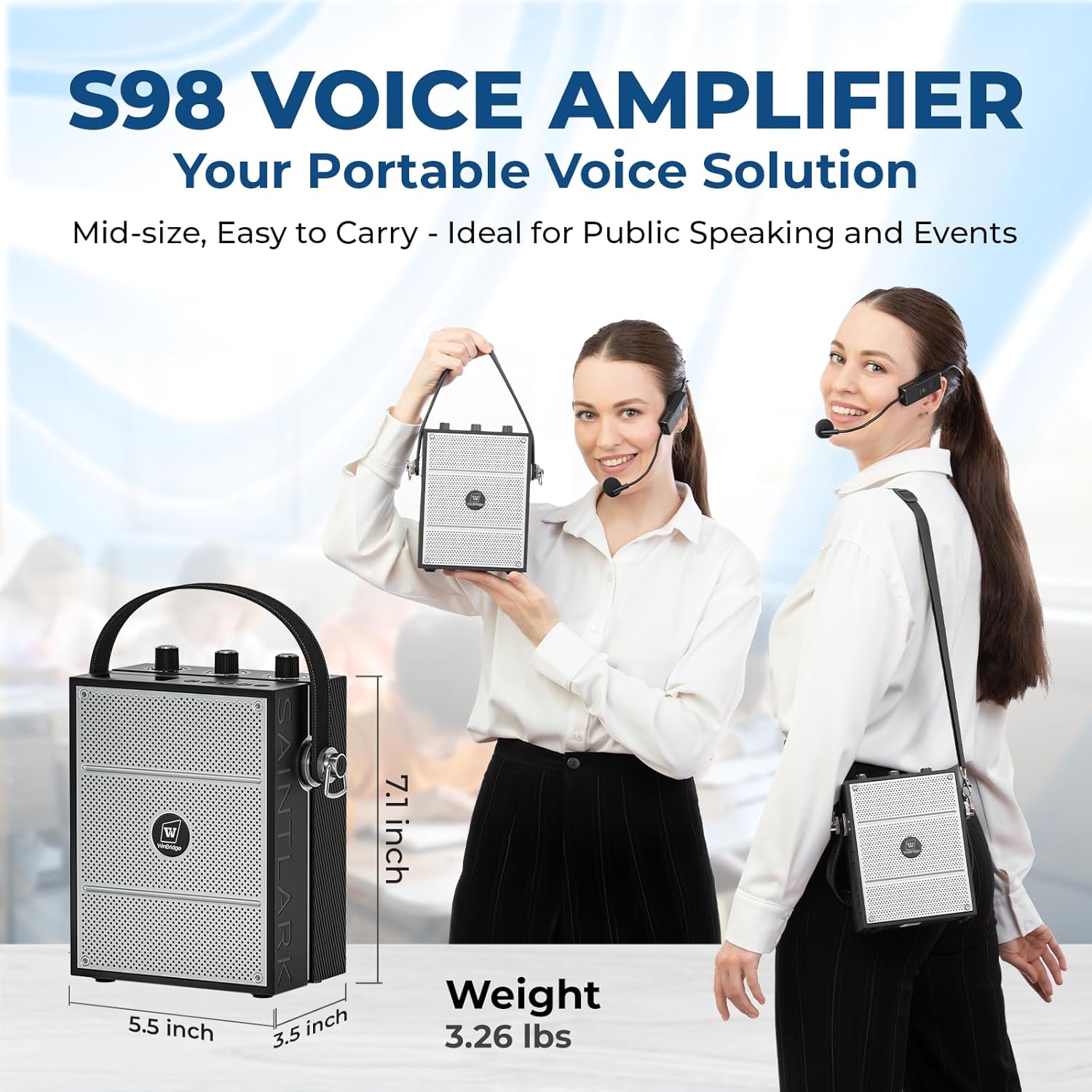 voice amplifier, portable pa system with wireless headset mic & speaker, 40w bluetooth portable microphone and speaker for teachers, public speaking, events, hands free megaphone with strap s98