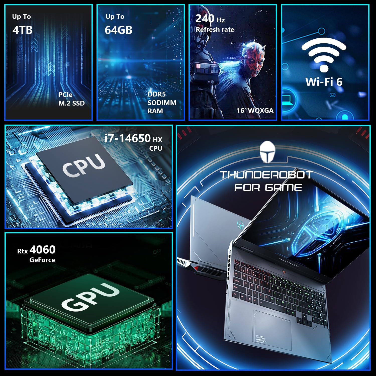 thunderobot radiant 16 4060 2.5k gaming laptop | 16" qhd+ 240hz display | 14th gen core i7 14650hx | geforce rtx 4060 | 32gb ddr5 | 1tb ssd | rgb backlit kb | wi fi 6 | win 11 home | gray