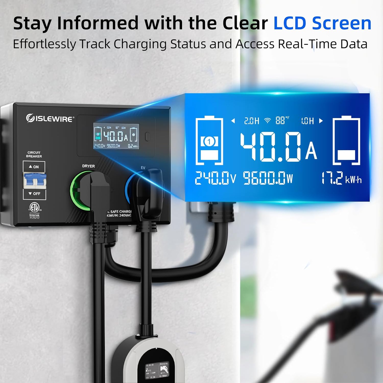 smart nema socket splitter 240v for evs, auto power switch for level 2 dual electric vehicle (ev) charging, 3 color led ring, 3.4" lcd display, no rewiring needed, etl certified (40 amp, nema 14 50)