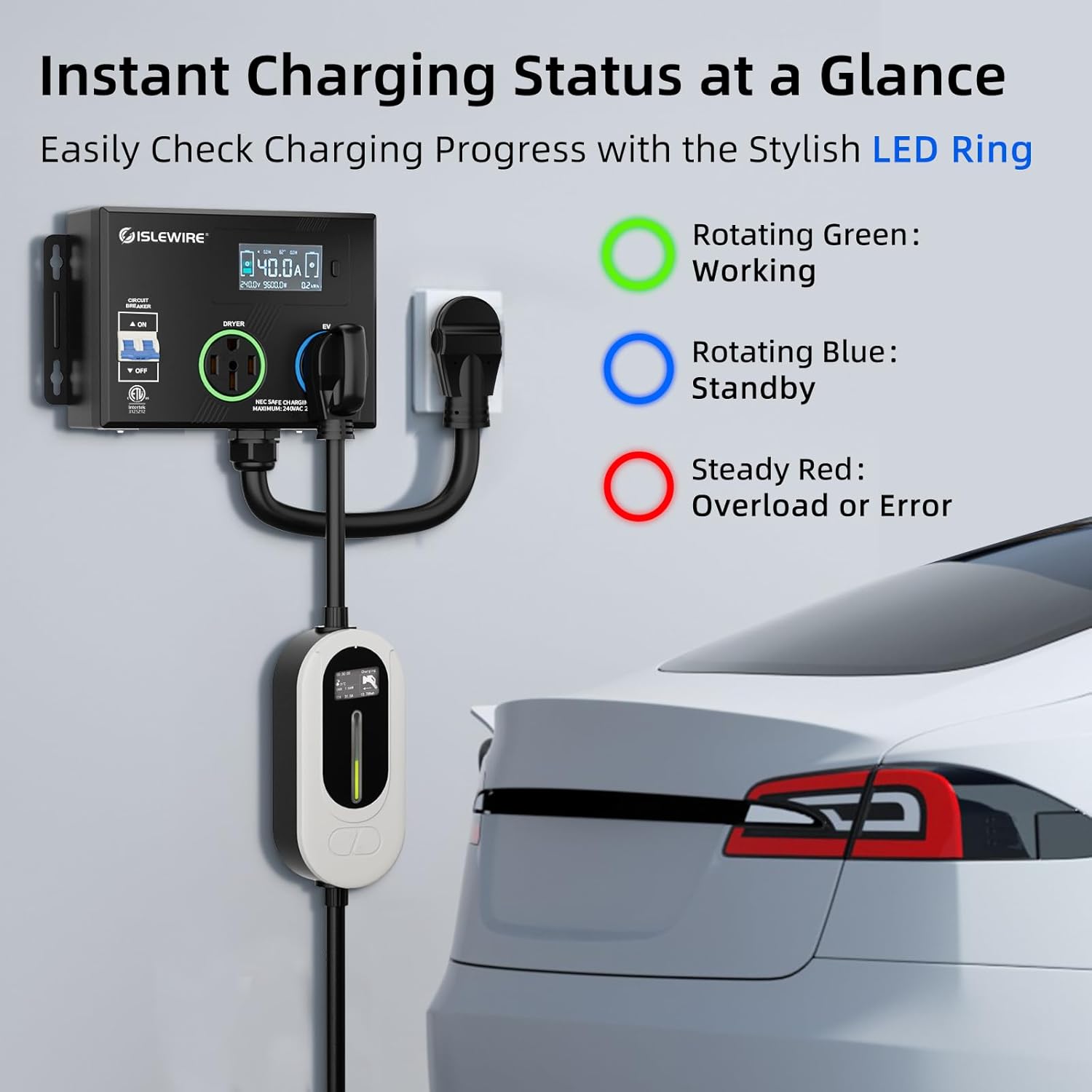 smart nema socket splitter 240v for evs, auto power switch for level 2 dual electric vehicle (ev) charging, 3 color led ring, 3.4" lcd display, no rewiring needed, etl certified (40 amp, nema 14 50)