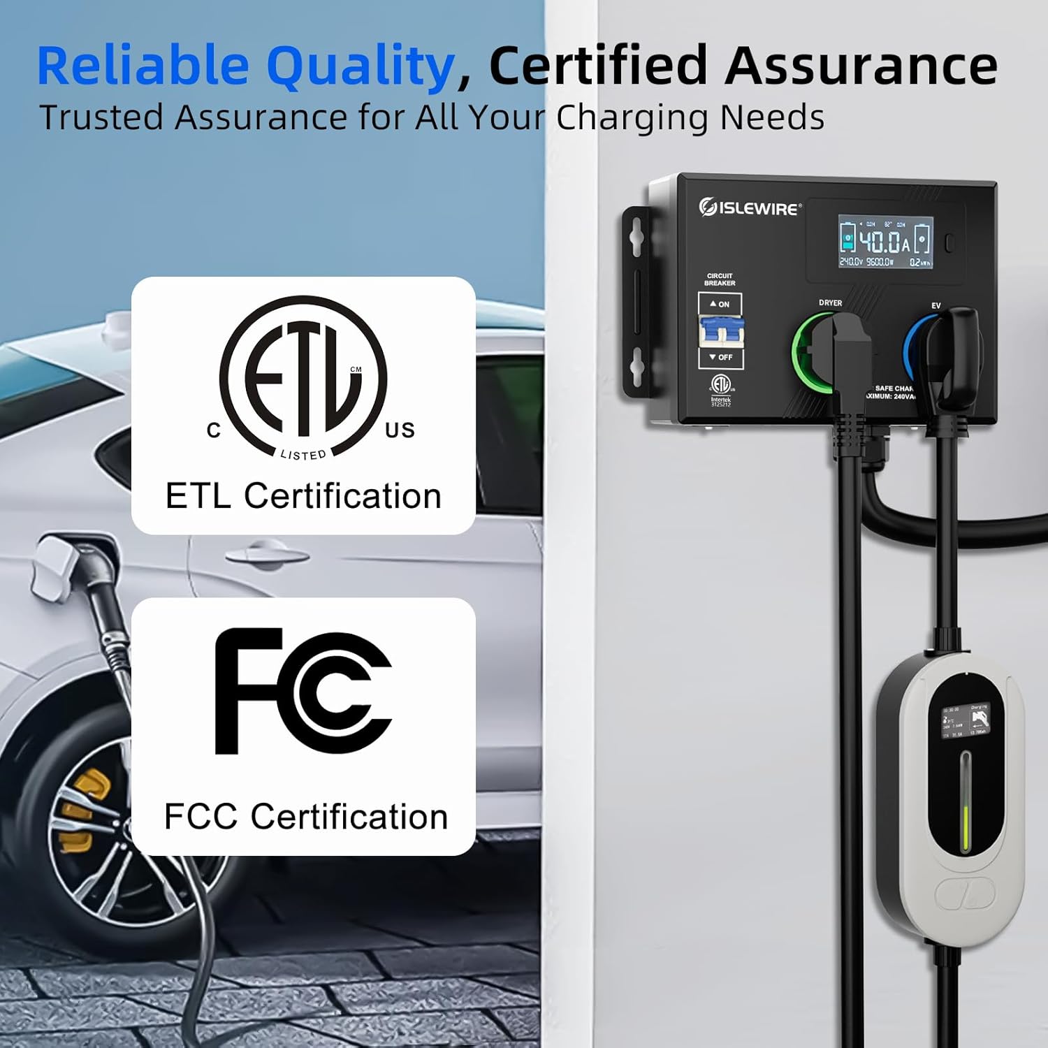 smart nema socket splitter 240v for evs, auto power switch for level 2 dual electric vehicle (ev) charging, 3 color led ring, 3.4" lcd display, no rewiring needed, etl certified (40 amp, nema 14 50)