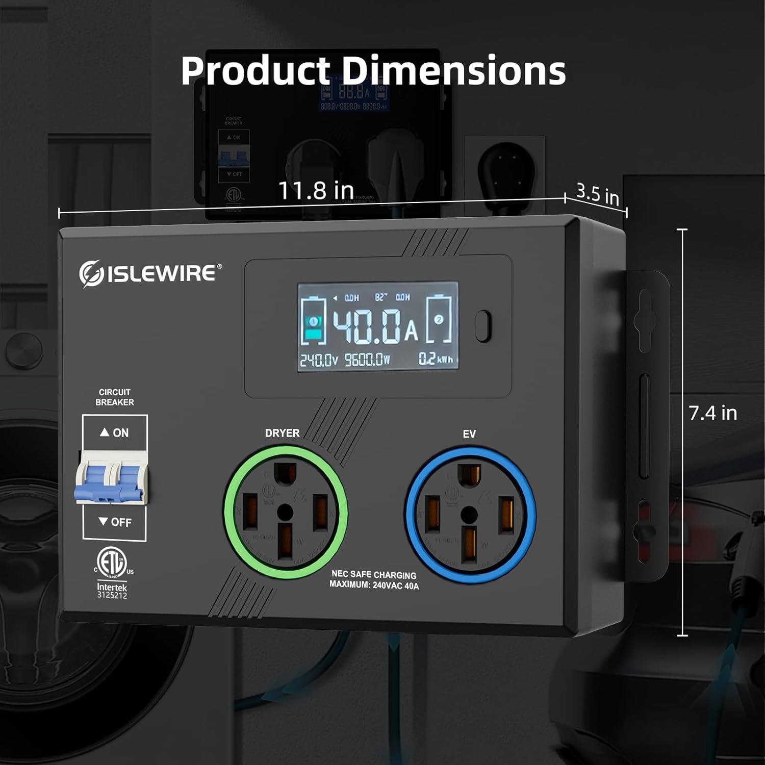 smart nema socket splitter 240v for evs, auto power switch for level 2 dual electric vehicle (ev) charging, 3 color led ring, 3.4" lcd display, no rewiring needed, etl certified (40 amp, nema 14 50)
