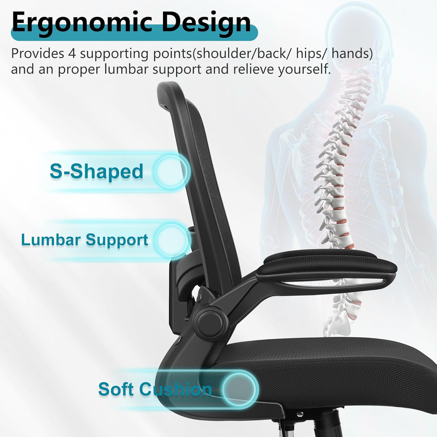 felixking office chair, ergonomic desk chair breathable mesh chairs adjustable high back lumbar support flip up armrests, executive rolling swivel comfy computer chairs home office black