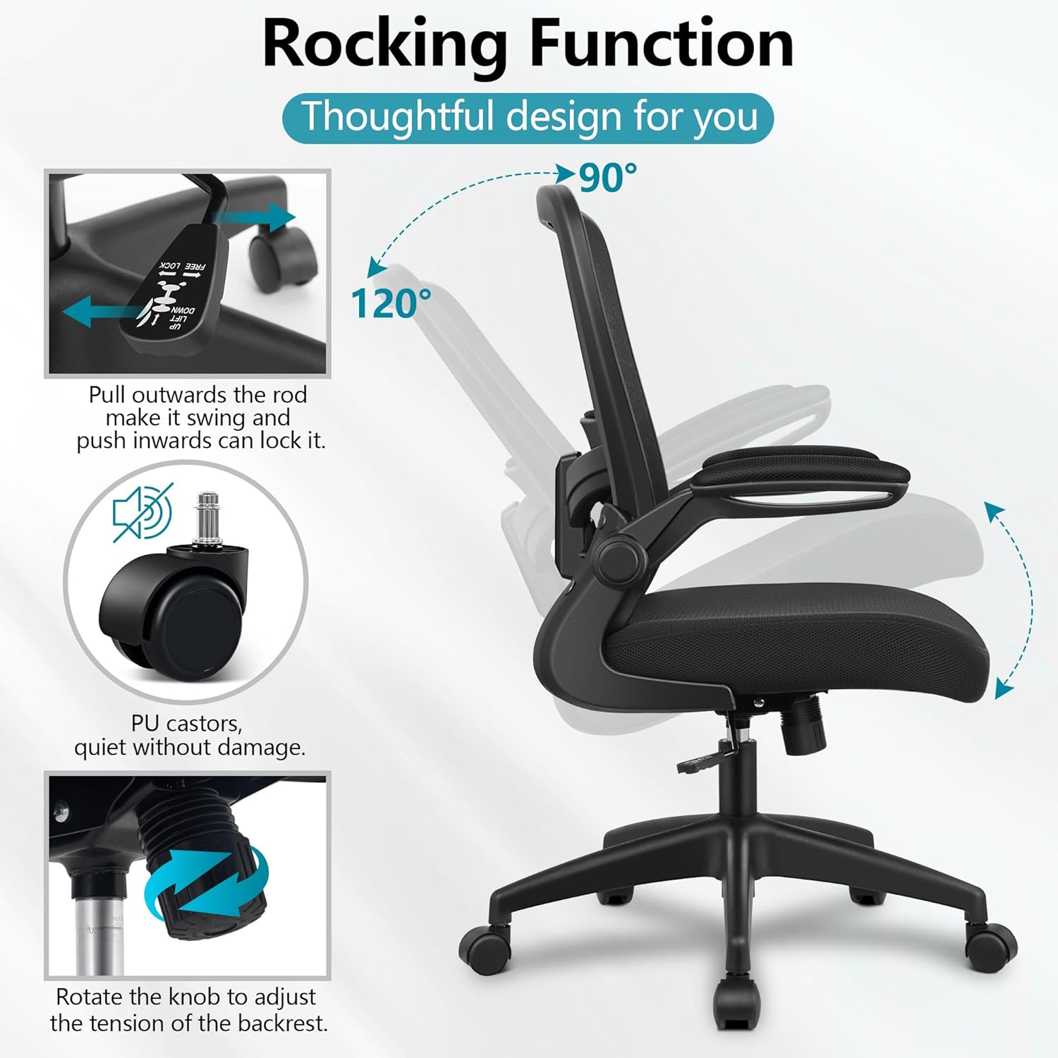 felixking office chair, ergonomic desk chair breathable mesh chairs adjustable high back lumbar support flip up armrests, executive rolling swivel comfy computer chairs home office black