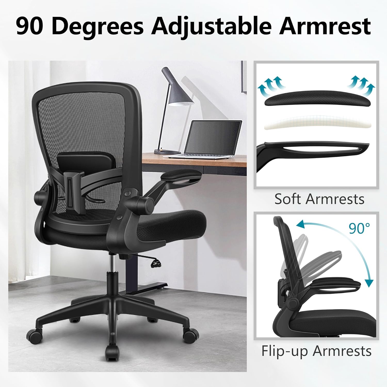 felixking office chair, ergonomic desk chair breathable mesh chairs adjustable high back lumbar support flip up armrests, executive rolling swivel comfy computer chairs home office black