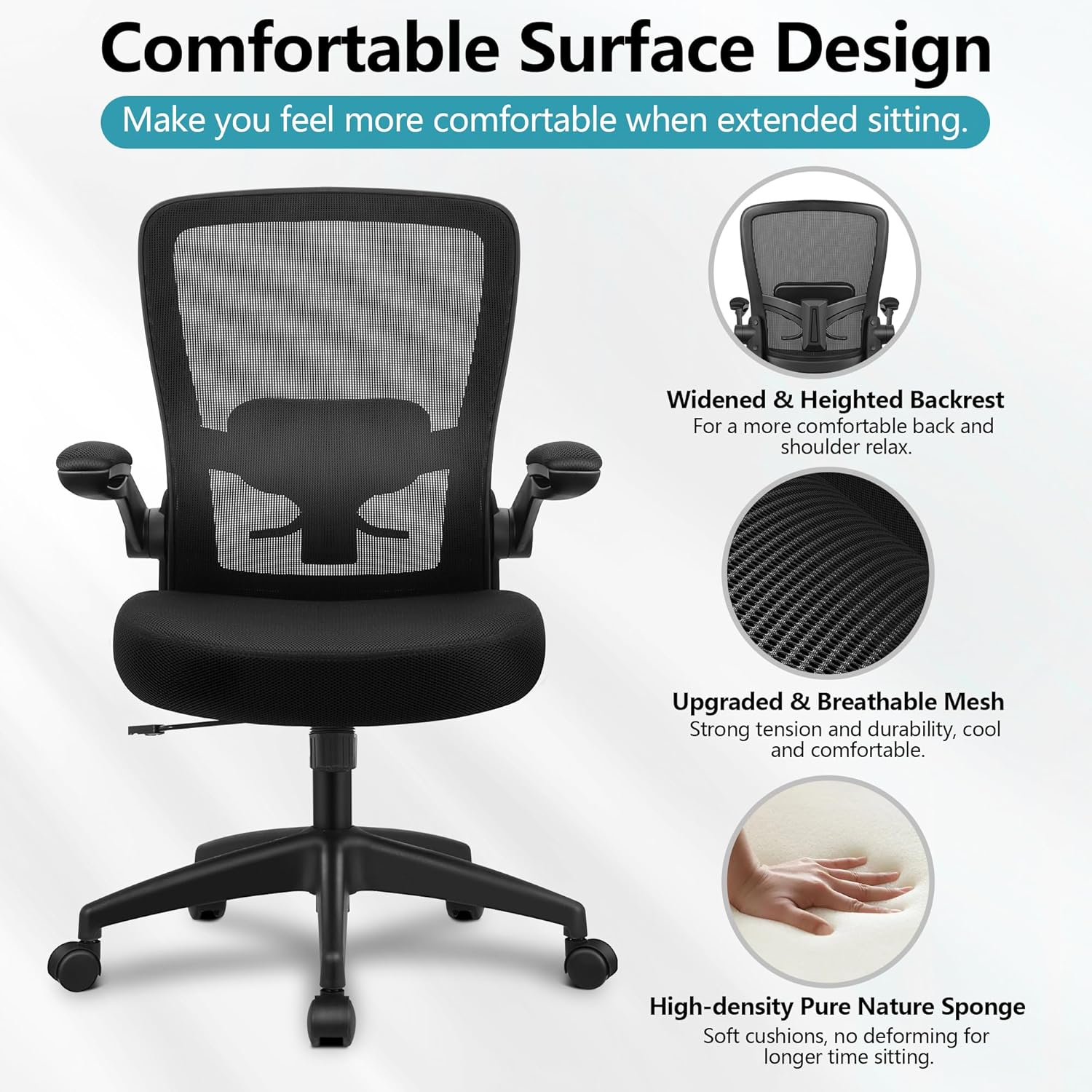 felixking office chair, ergonomic desk chair breathable mesh chairs adjustable high back lumbar support flip up armrests, executive rolling swivel comfy computer chairs home office black