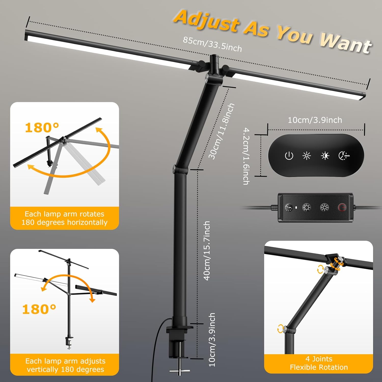 led desk lamp for home office, eye caring architect desk light with remote, dual screen computer monitor light with stepless dimming, stepless color temp, memory function for study, workbench black