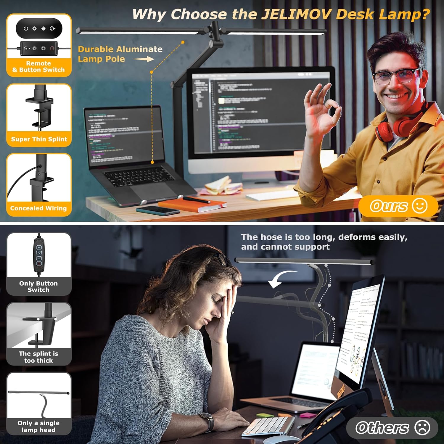 led desk lamp for home office, eye caring architect desk light with remote, dual screen computer monitor light with stepless dimming, stepless color temp, memory function for study, workbench black