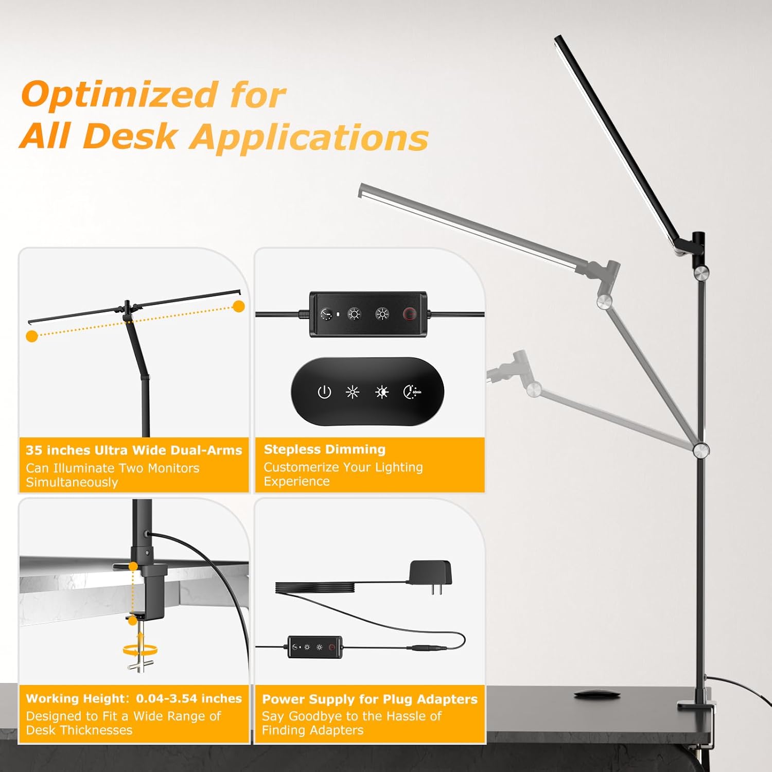 led desk lamp for home office, eye caring architect desk light with remote, dual screen computer monitor light with stepless dimming, stepless color temp, memory function for study, workbench black