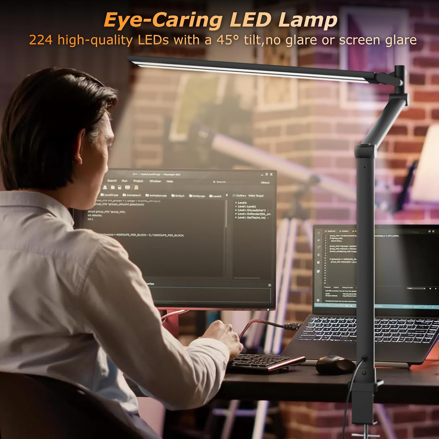 led desk lamp for home office, eye caring architect desk light with remote, dual screen computer monitor light with stepless dimming, stepless color temp, memory function for study, workbench black