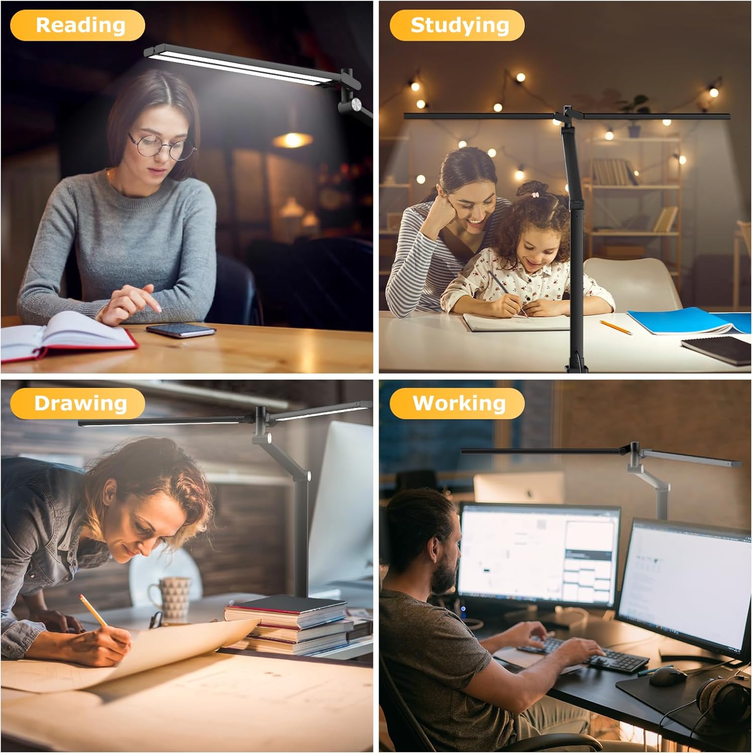 led desk lamp for home office, eye caring architect desk light with remote, dual screen computer monitor light with stepless dimming, stepless color temp, memory function for study, workbench black