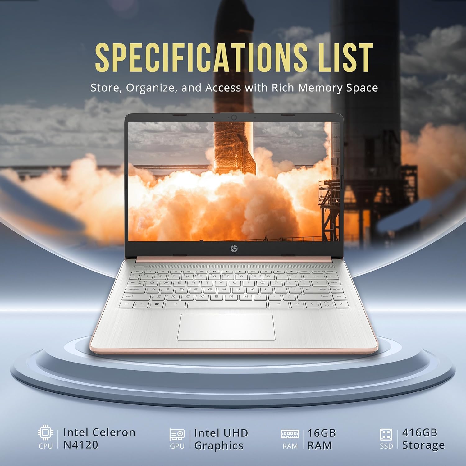 hp stream 14" hd brightview laptop, intel celeron n4120, 16gb ram, 416gb storage (128gb emmc + 288gb docking station set), intel uhd graphics, 720p camera, wi fi, 1 year office 365, win 11 s, gold