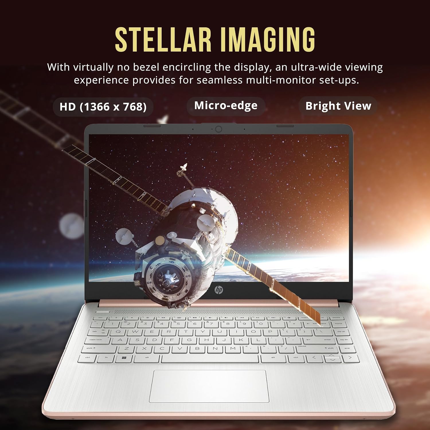 hp stream 14" hd brightview laptop, intel celeron n4120, 16gb ram, 416gb storage (128gb emmc + 288gb docking station set), intel uhd graphics, 720p camera, wi fi, 1 year office 365, win 11 s, gold