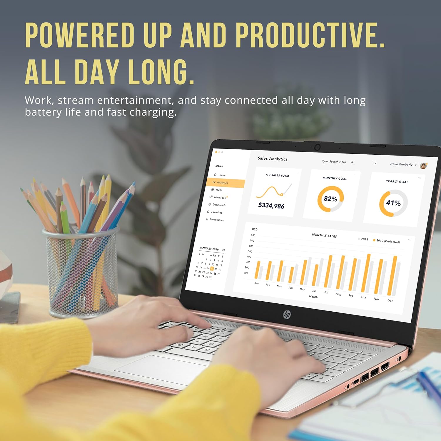 hp stream 14" hd brightview laptop, intel celeron n4120, 16gb ram, 416gb storage (128gb emmc + 288gb docking station set), intel uhd graphics, 720p camera, wi fi, 1 year office 365, win 11 s, gold