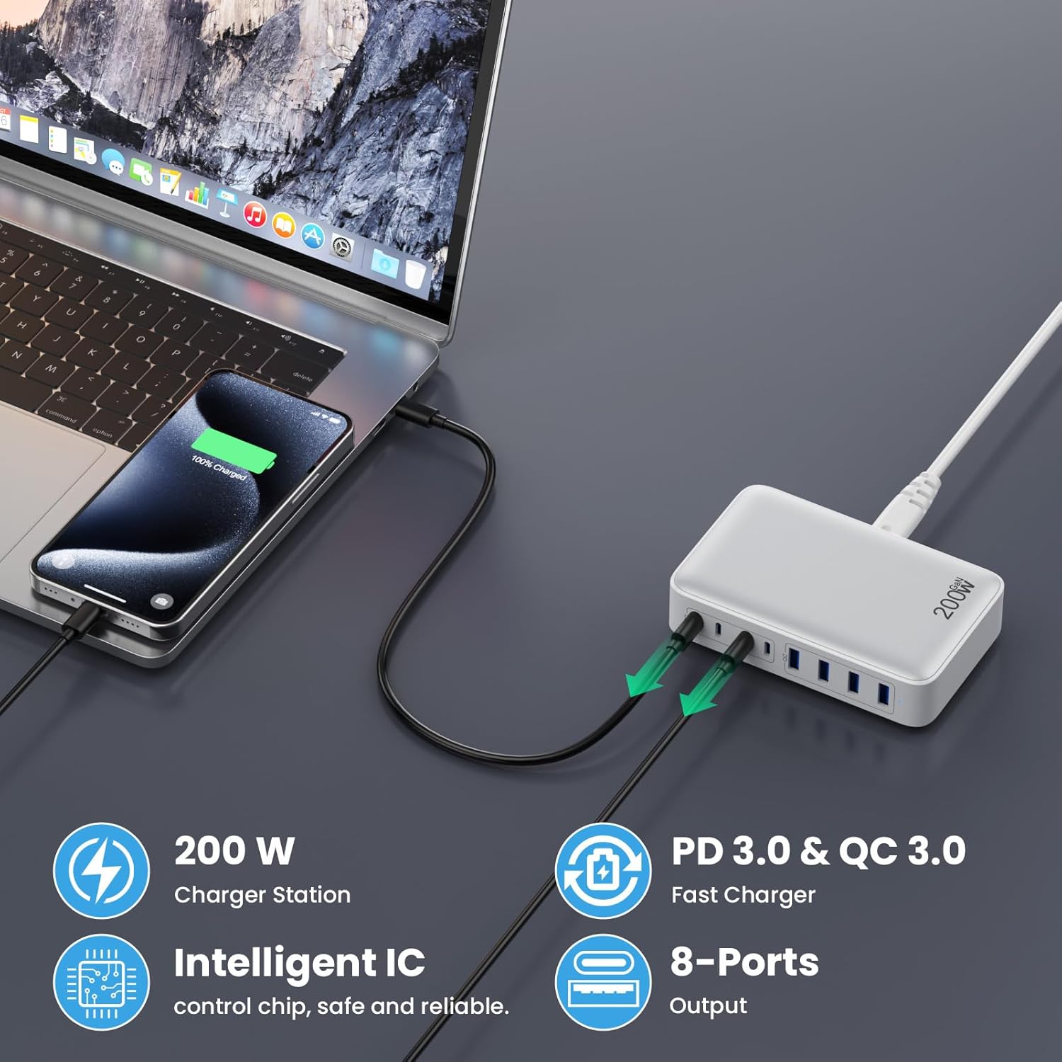 usb c charger 200w usb c charger block,upgraded gan iii 8 port fast charging station hub,pd 65w laptop charging adapter compatible with macbook pro/air,dell,steam deck,iphone 16/15/14,galaxy s23/22