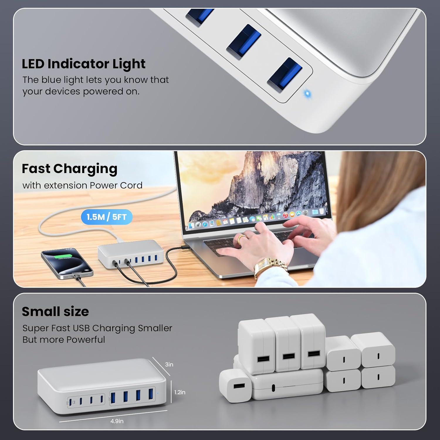 usb c charger 200w usb c charger block,upgraded gan iii 8 port fast charging station hub,pd 65w laptop charging adapter compatible with macbook pro/air,dell,steam deck,iphone 16/15/14,galaxy s23/22