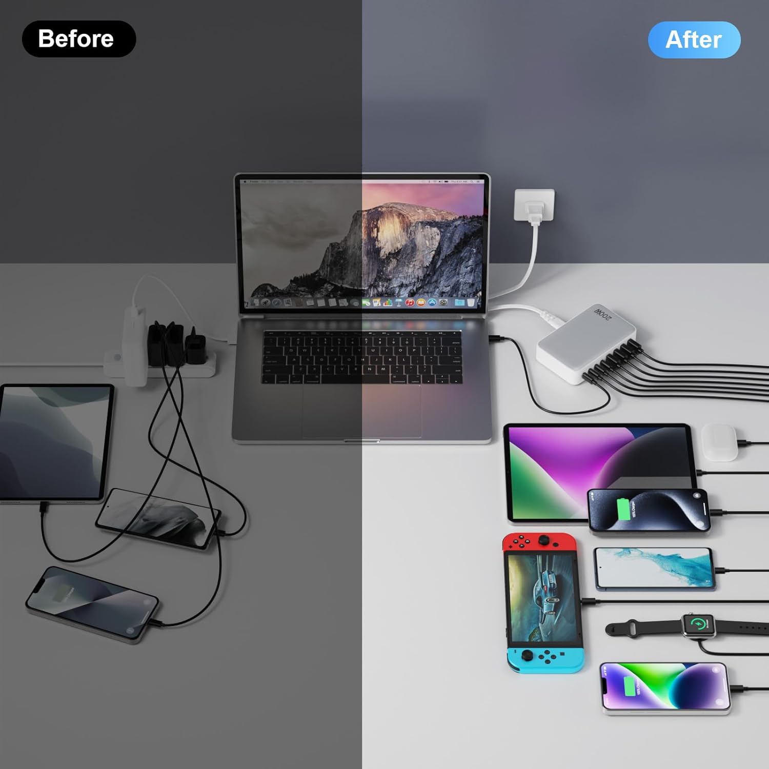 usb c charger 200w usb c charger block,upgraded gan iii 8 port fast charging station hub,pd 65w laptop charging adapter compatible with macbook pro/air,dell,steam deck,iphone 16/15/14,galaxy s23/22