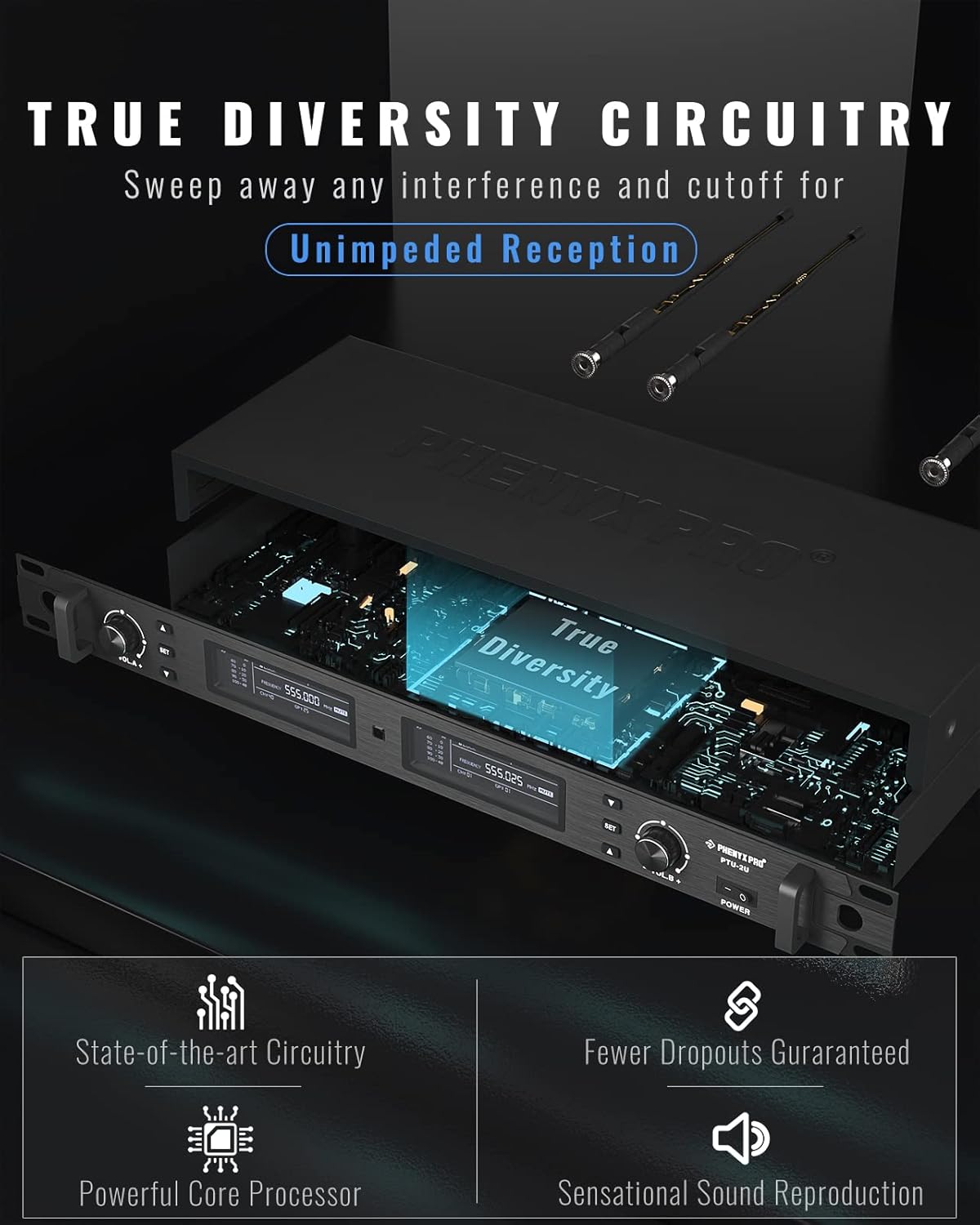 phenyx pro wireless microphone system, true diversity dual cordless mic set, professional uhf handheld wireless microphones w/auto scan, 2x1000 channels, 328ft for stage & studio (ptu 2u 2h)